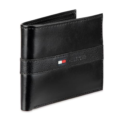 Tommy Hilfiger Men's Leather Wallet – Slim Bifold with 6 Credit Card Pockets and Removable ID Window, Casual Black Ranger, One Size