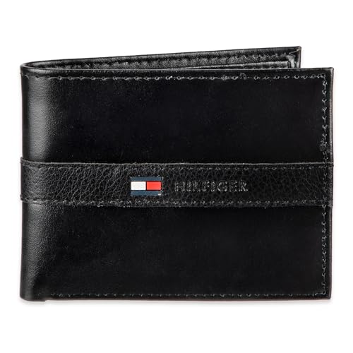 Tommy Hilfiger Men's Leather Wallet – Slim Bifold with 6 Credit Card Pockets and Removable ID Window, Casual Black Ranger, One Size