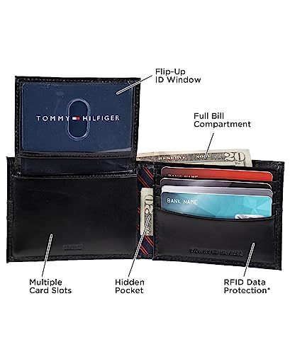 Tommy Hilfiger Men's Leather Wallet – Slim Bifold with 6 Credit Card Pockets and Removable ID Window, Casual Black Ranger, One Size