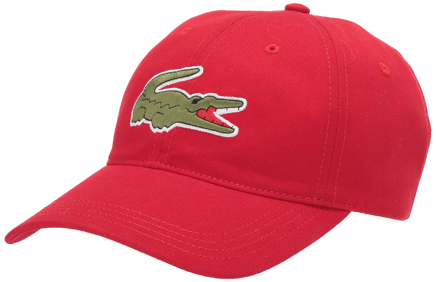 Lacoste Mens "Big Croc" Twill Adjustable Leather Strap Hat, Red, One Size